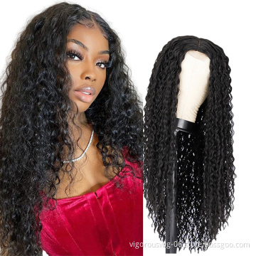 Vigorous Cheap Price Long Jerry Curl Black Heat Resistant Fiber Middle Part Natural Hairline For Black Women Synthetic Hair Wigs